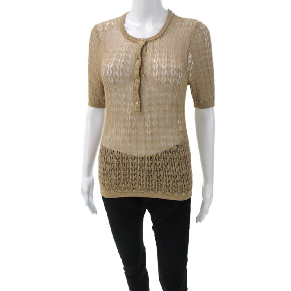 QL2 Womens Henley Sweater Beige Geometric Short Sleeve Viscose Size 42
